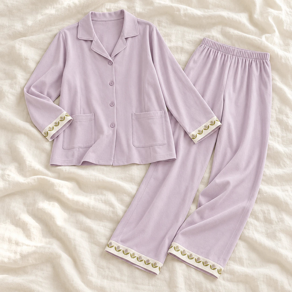 Long-Sleeve Maternity Pyjama Set — A02-77442 — product set on cream linen