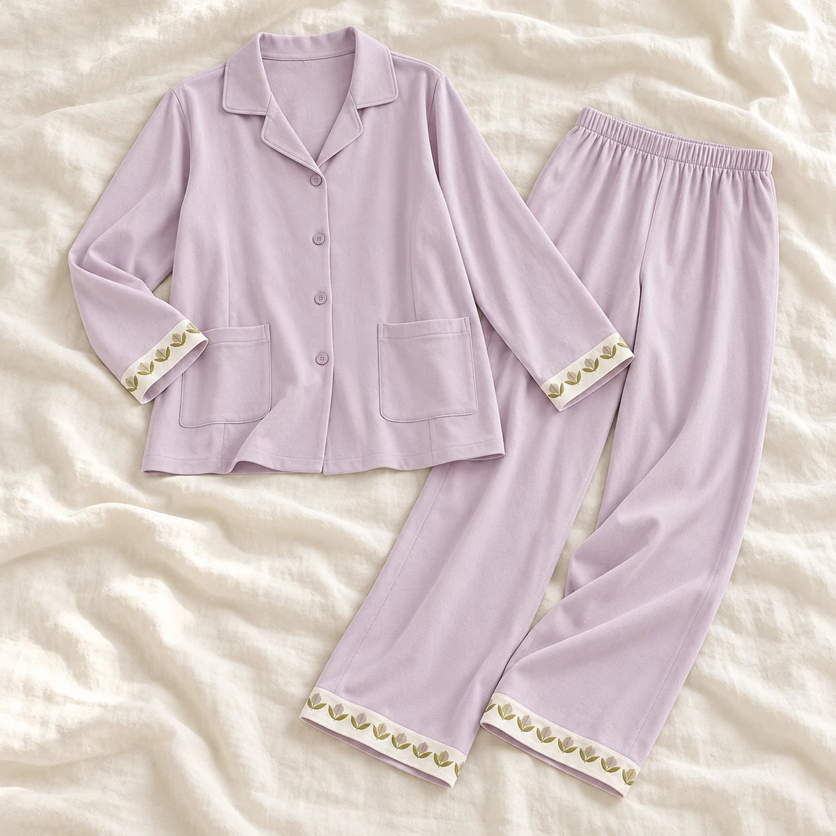 Long-Sleeve Maternity Pyjama Set — A02-77442 — product set on cream linen
