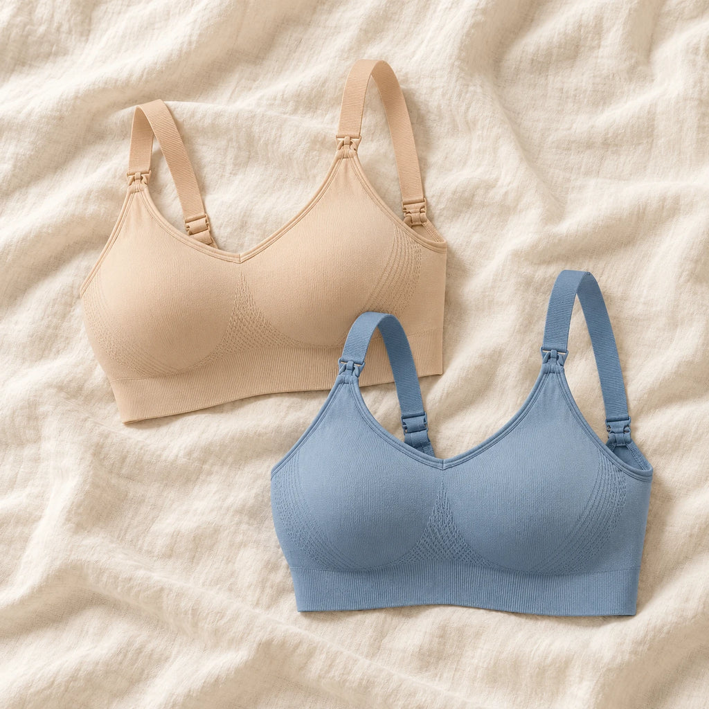 Wireless Clip-Down Nursing Bra — Single & Two-Packs — 2 bras — Beige + Blue, photographed on cream linen