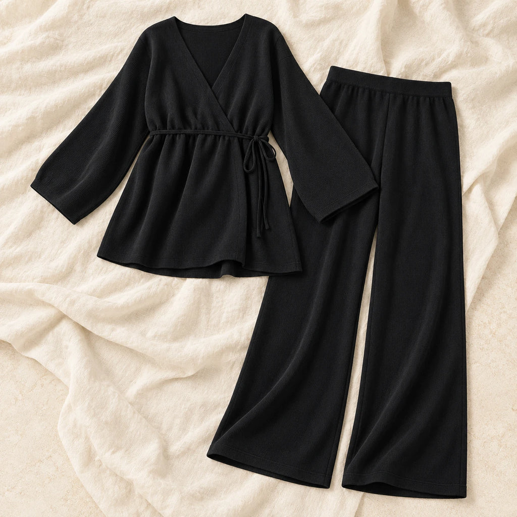 Long-Sleeve Maternity Knit Two-Piece Set — Black, product on cream linen