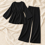Long-Sleeve Maternity Knit Two-Piece Set — Black, product on cream linen