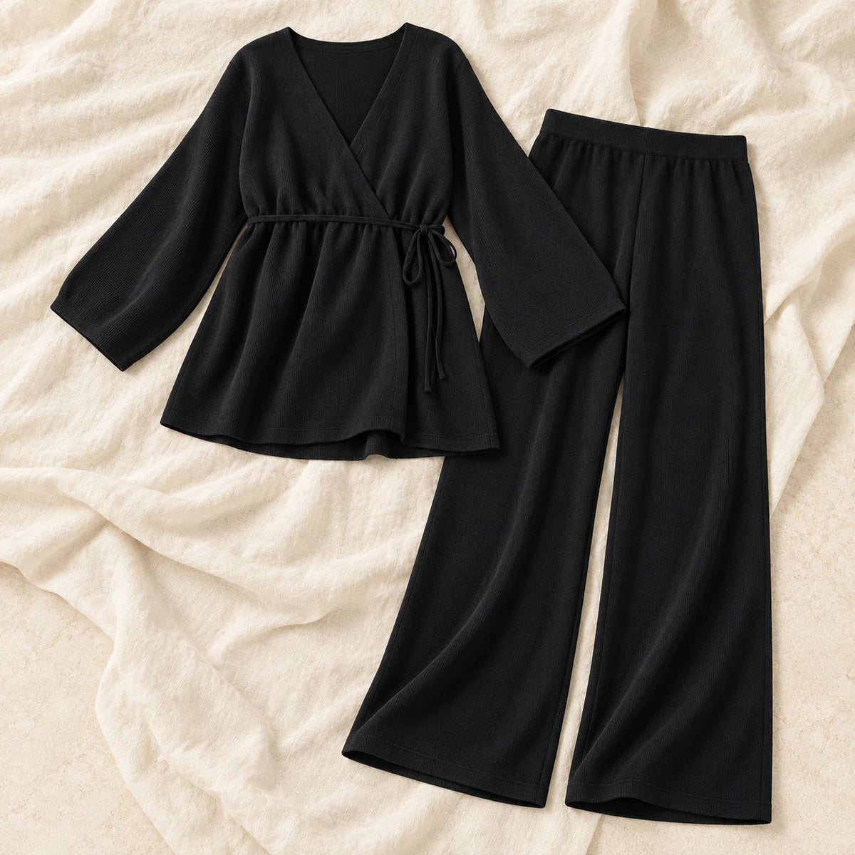 Long-Sleeve Maternity Knit Two-Piece Set — Black, product on cream linen