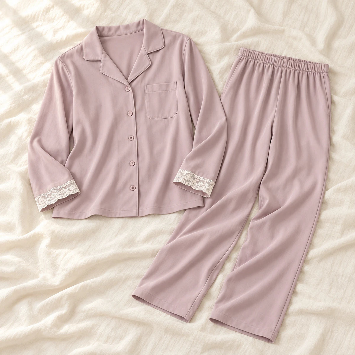 Long-Sleeve Maternity Pyjama Set — A02-77443 — product set on cream linen