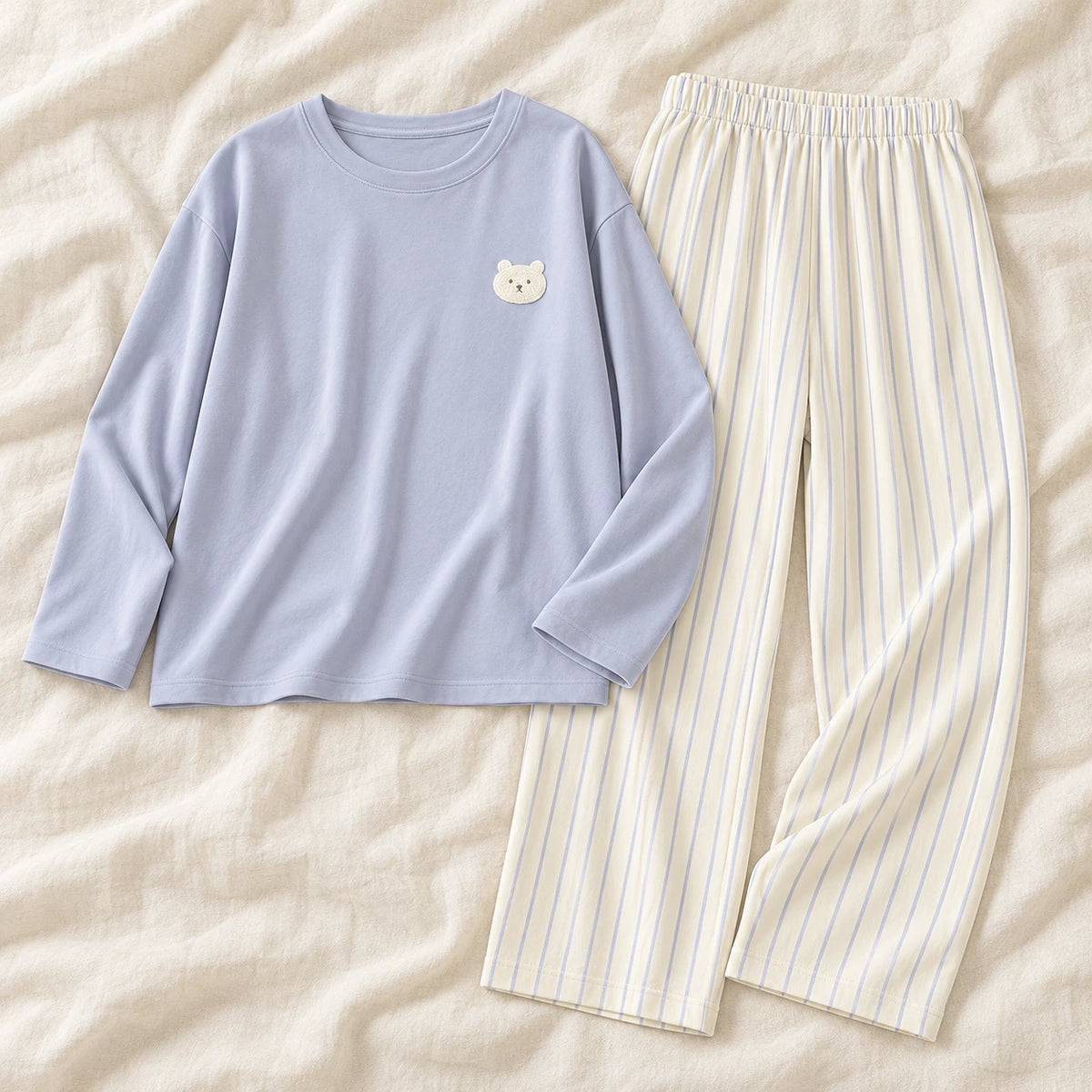 Long-Sleeve Nursing Pyjamas with Built-In Support — A02-24187 — product set on cream linen