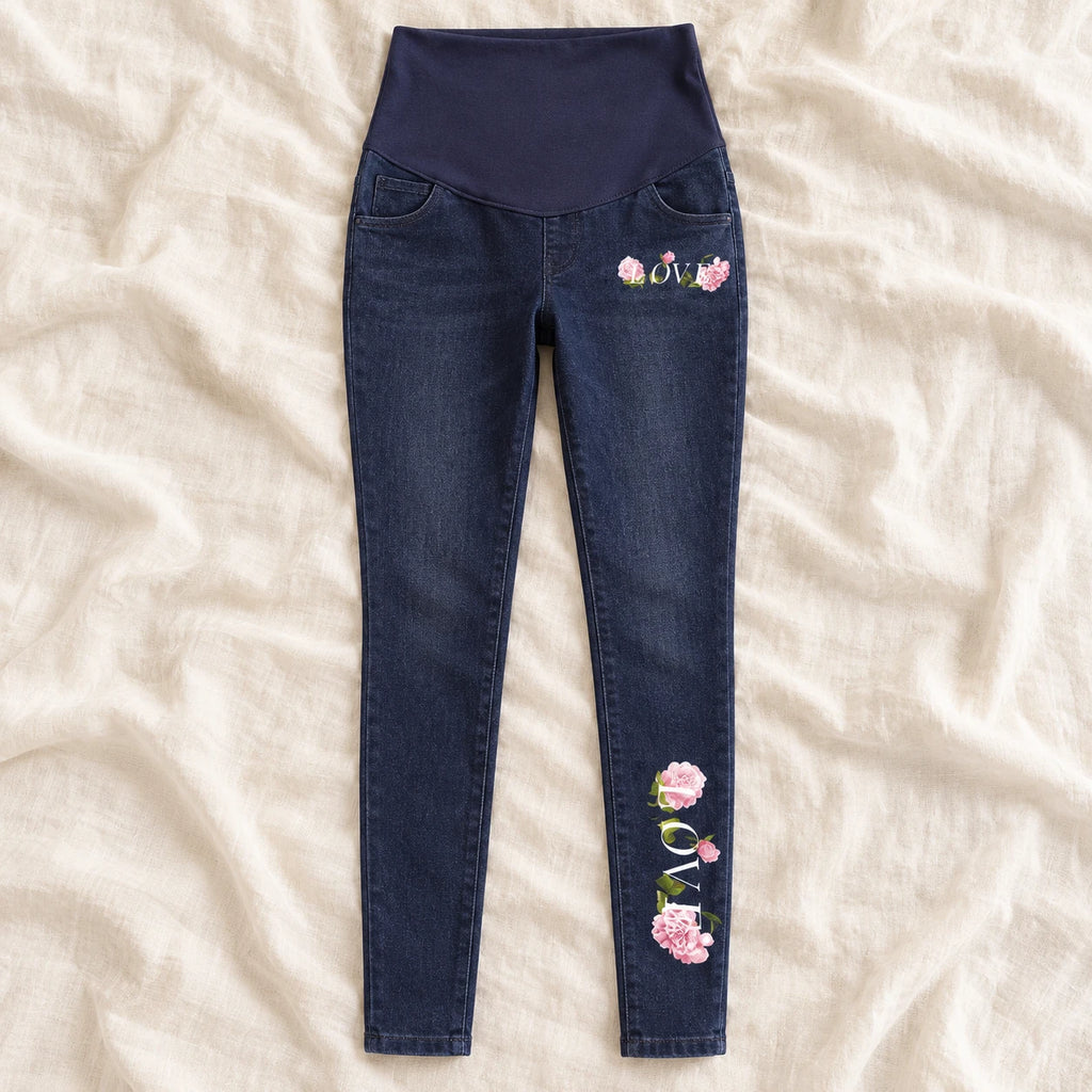 Tots & Moms maternity jeans — Indigo — Pink Rose Love, product view