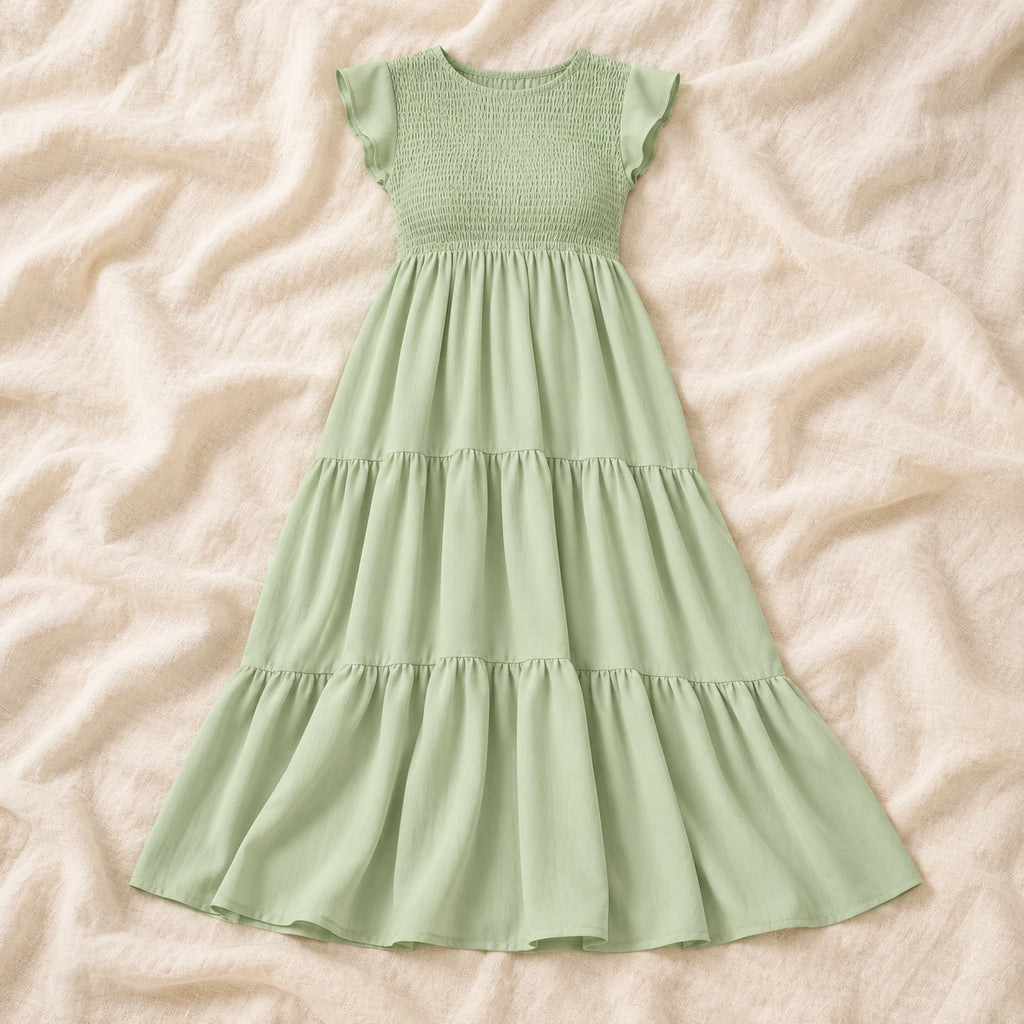 Sleeveless Tiered Maternity Dress — Light Green — on cream linen