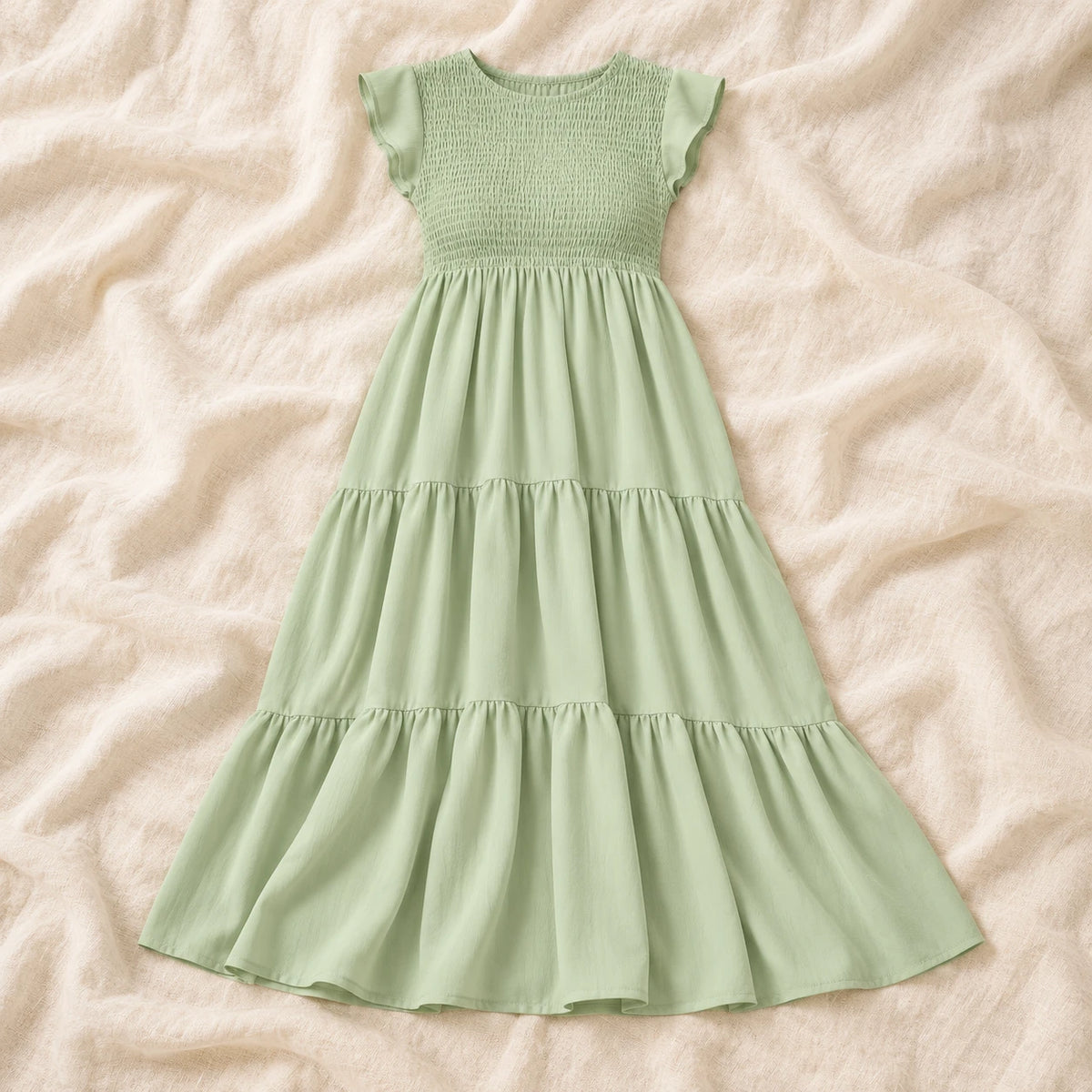 Sleeveless Tiered Maternity Dress — Light Green — on cream linen