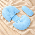 Pregnancy Pillow with Two Auxiliary Cushions, Blue, on cream linen