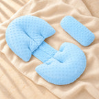 Pregnancy Pillow with Two Auxiliary Cushions, Blue, on cream linen