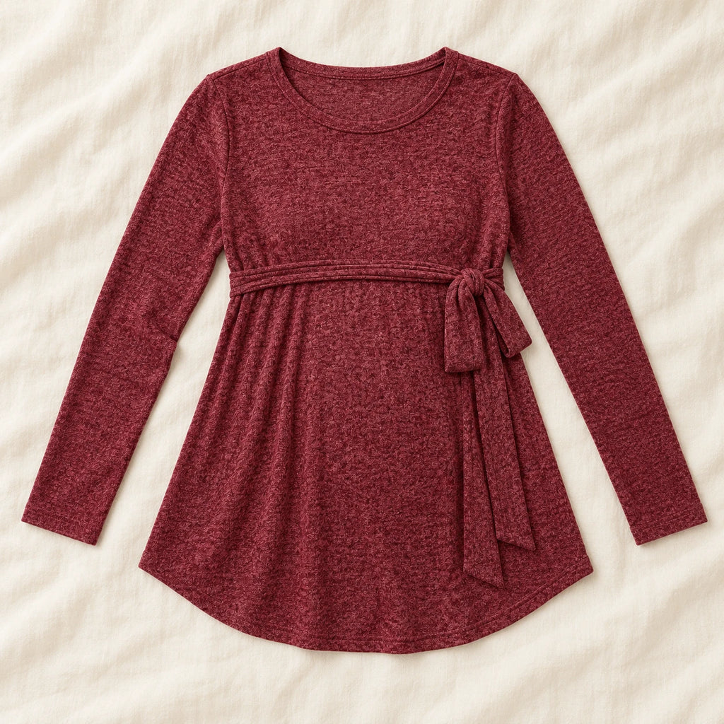 Tie-Waist Long-Sleeve Maternity Tunic — Burgundy — product detail