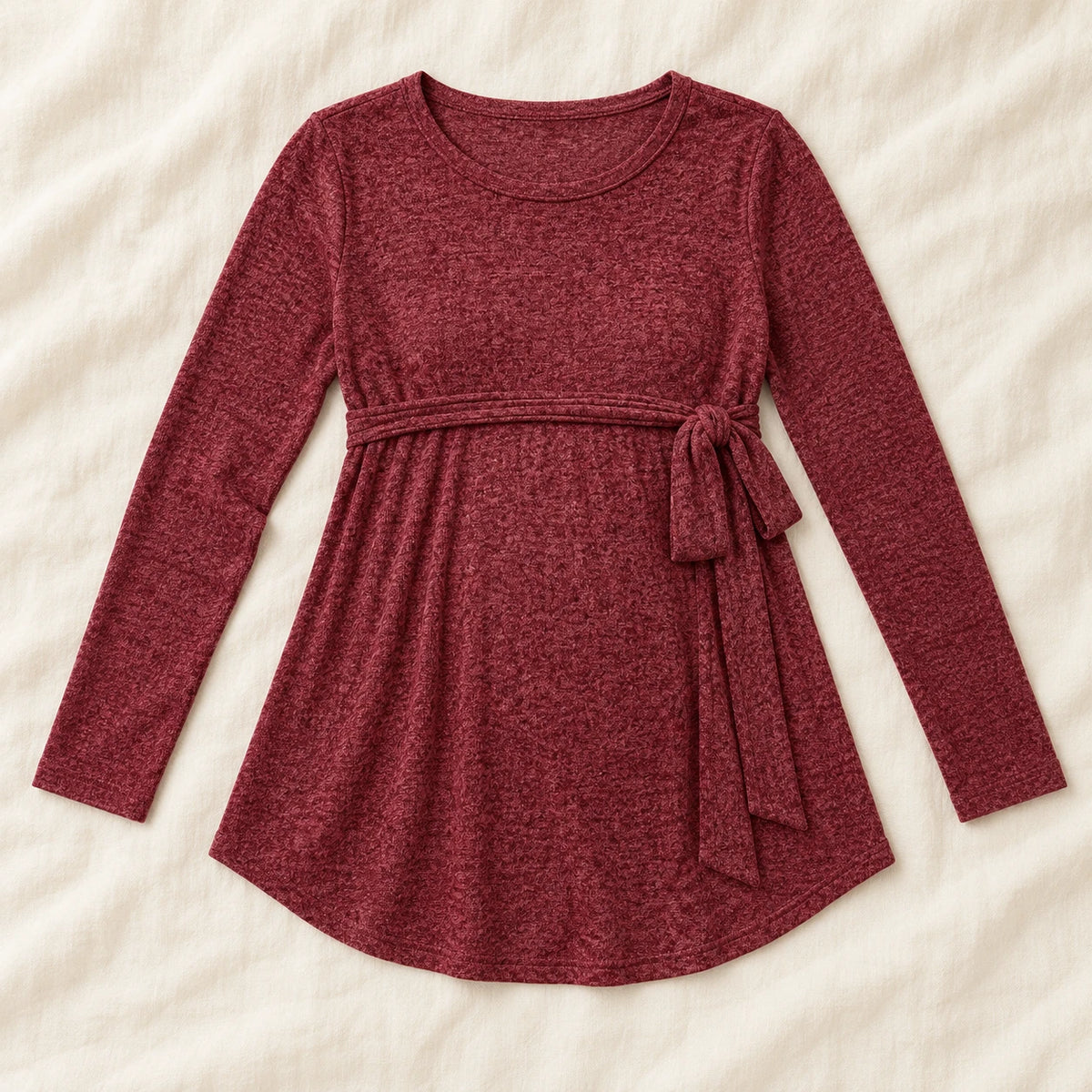 Tie-Waist Long-Sleeve Maternity Tunic — Burgundy — product detail