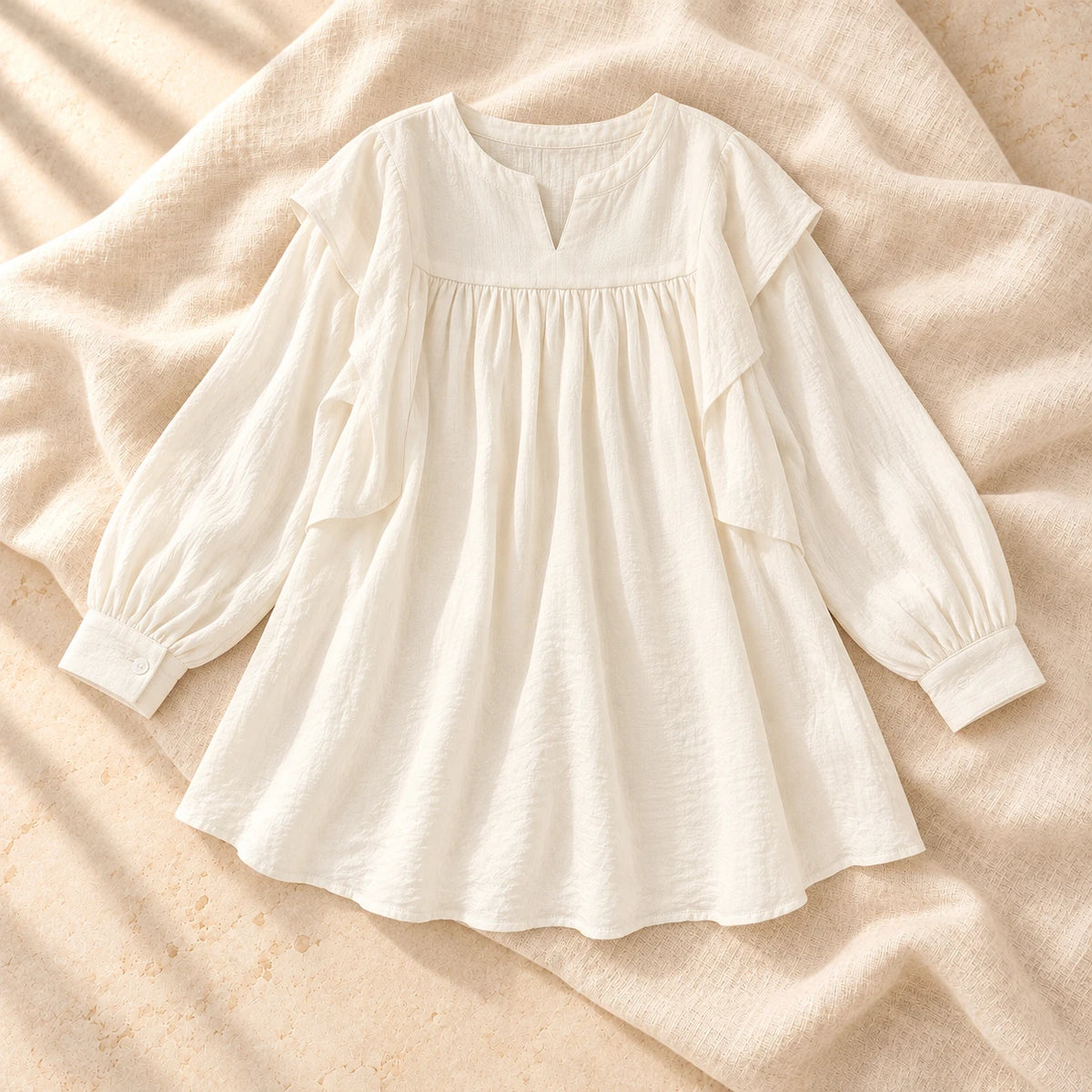Relaxed Long-Sleeve Maternity Blouse, Ivory, on warm cream linen