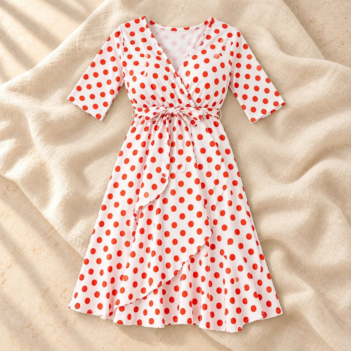 Adjustable-Waist V-Neck Maternity Dress, A, product on cream linen