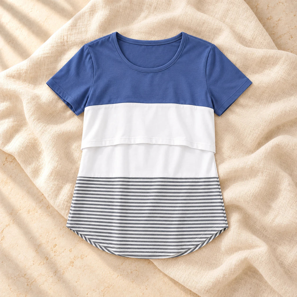 Relaxed Short-Sleeve Nursing T-Shirt, SKY BLUE, on warm cream linen