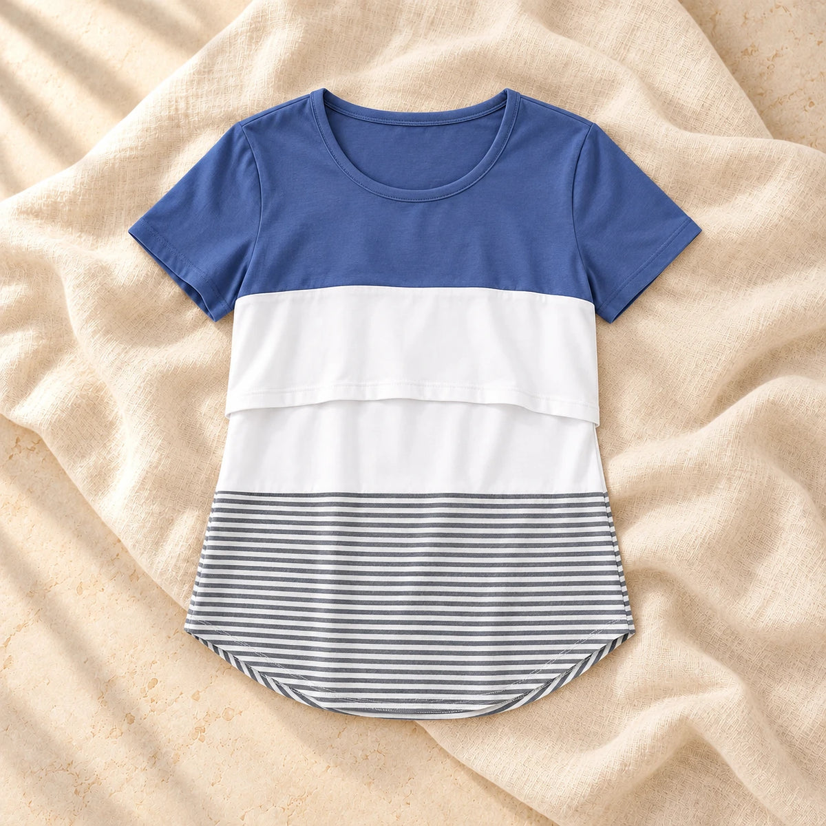 Relaxed Short-Sleeve Nursing T-Shirt, SKY BLUE, on warm cream linen