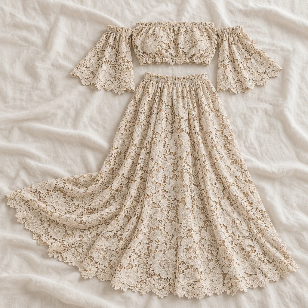 Tots & Moms off-shoulder lace two-piece — Beige — product photograph