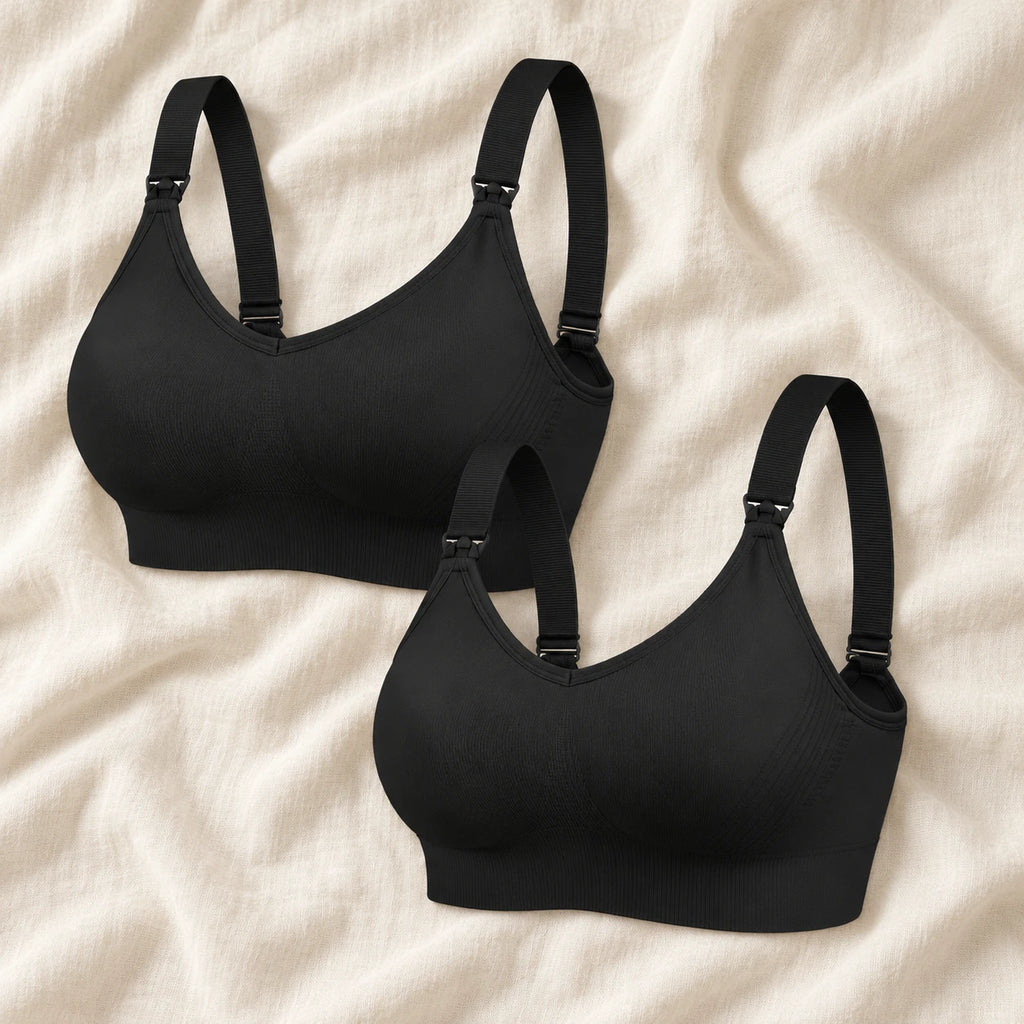 Wireless Clip-Down Nursing Bra — Single & Two-Packs — 2 bras — Black, photographed on cream linen