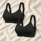Wireless Clip-Down Nursing Bra — Single & Two-Packs — 2 bras — Black, photographed on cream linen