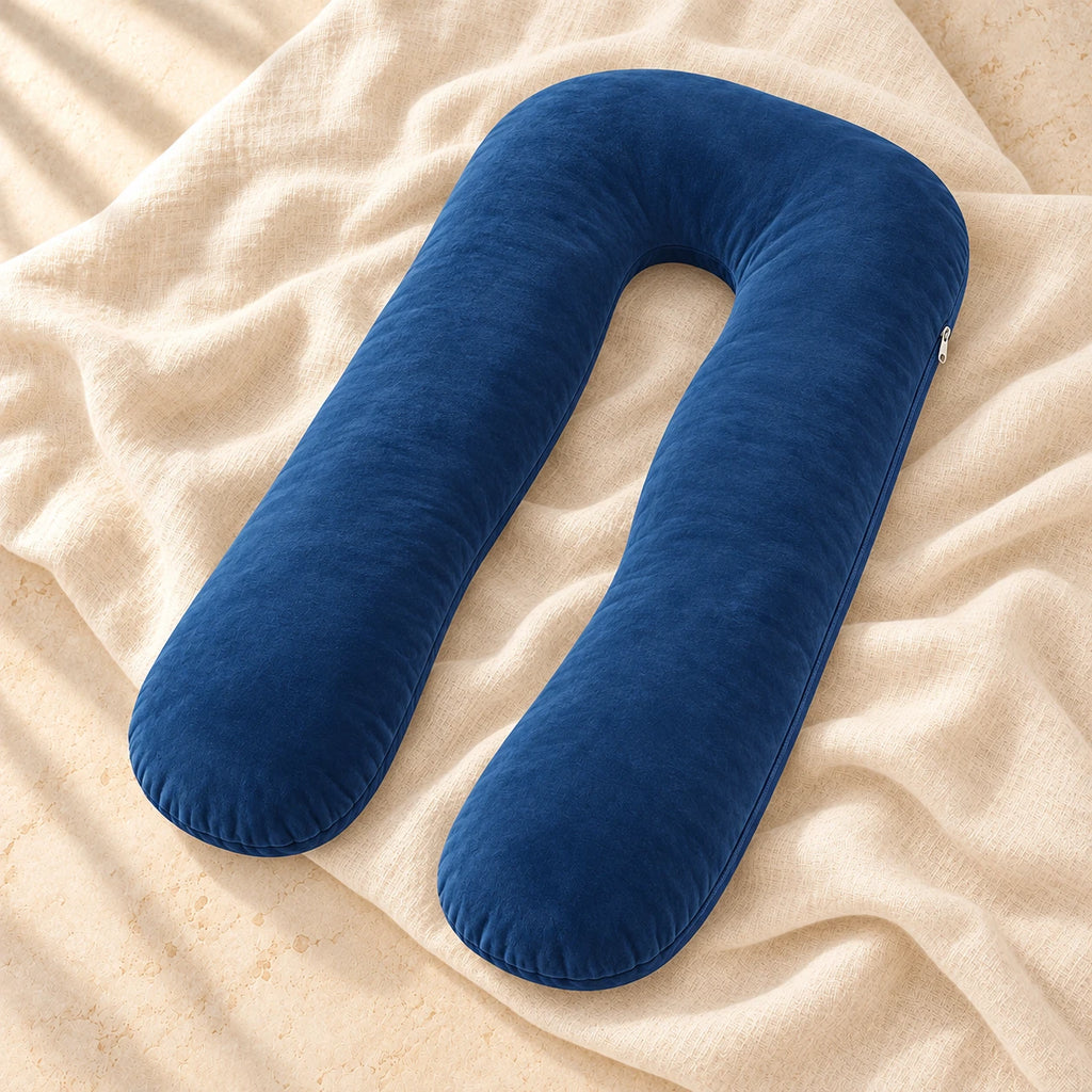 Dark Blue U-shaped pregnancy pillow on warm cream linen