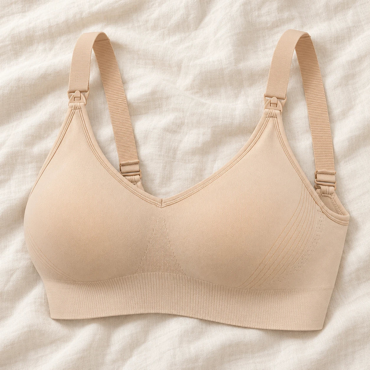 Wireless Clip-Down Nursing Bra — Single & Two-Packs — 1 bra — Beige, photographed on cream linen
