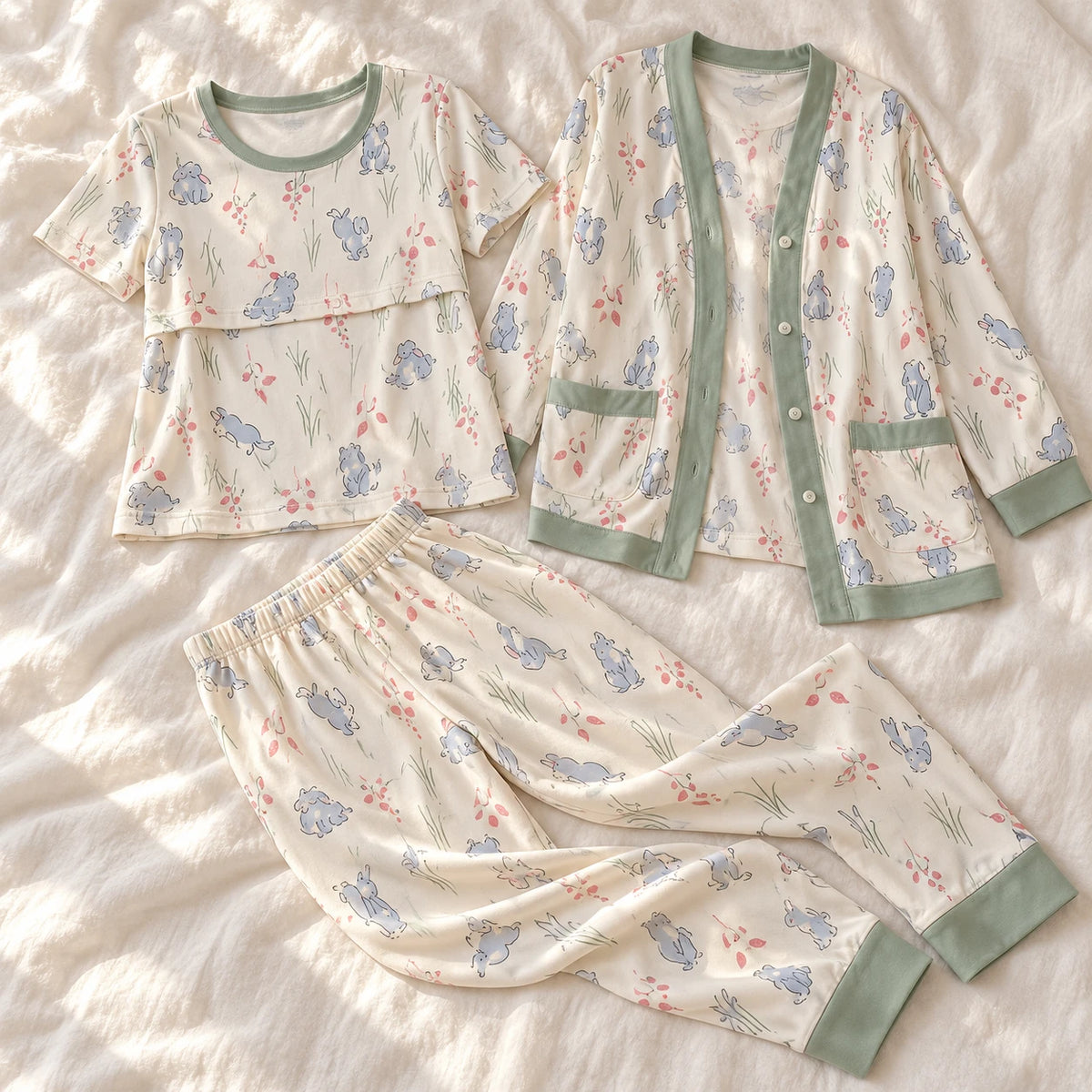 Tots & Moms three-piece nursing pyjama set — style SY-5604 — complete set on cream linen