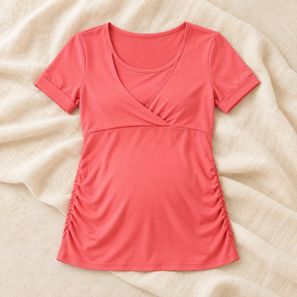 Concealed-Access V-Neck Nursing T-Shirt — watermelon red, product on cream linen