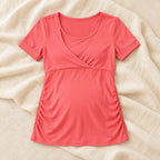 Concealed-Access V-Neck Nursing T-Shirt — watermelon red, product on cream linen