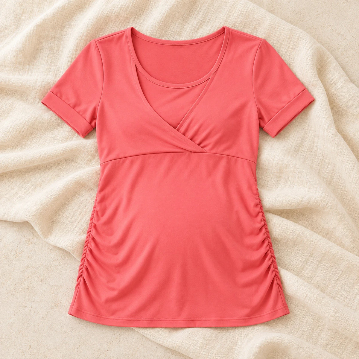 Concealed-Access V-Neck Nursing T-Shirt — watermelon red, product on cream linen