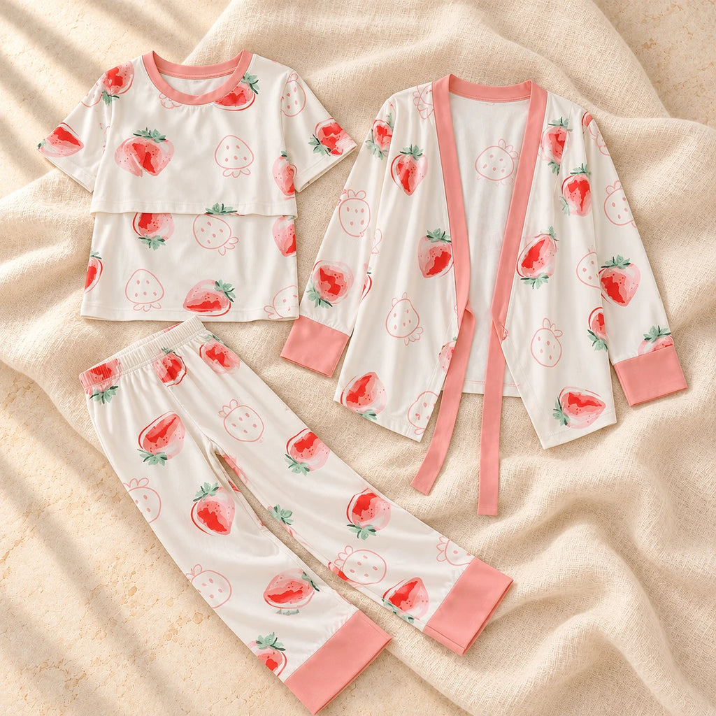 Three-Piece Nursing Top, Cardigan & Trouser Set, Strawberry Print — Pink Trim, on warm cream linen