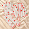 Three-Piece Nursing Top, Cardigan & Trouser Set, Strawberry Print — Pink Trim, on warm cream linen