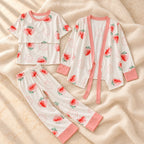 Three-Piece Nursing Top, Cardigan & Trouser Set, Strawberry Print — Pink Trim, on warm cream linen