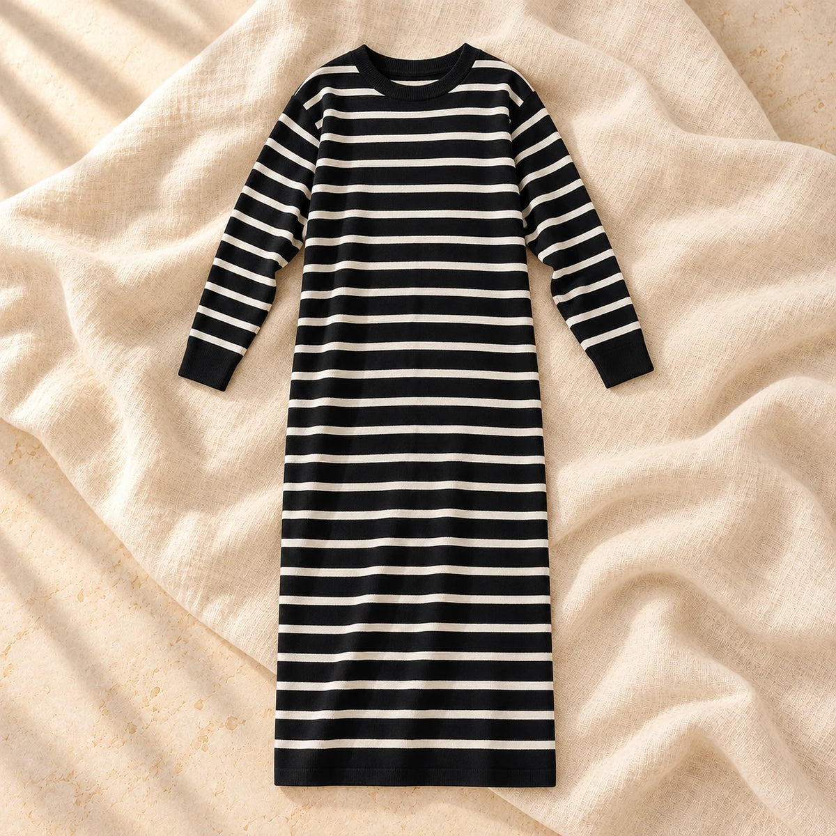 The black long-sleeve maternity maxi knit dress with ivory horizontal stripes photographed on warm cream linen