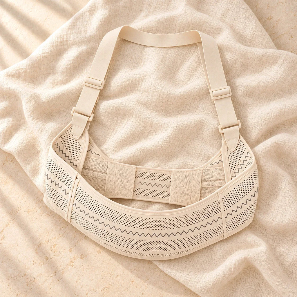 Breathable Adjustable Pregnancy Support Belt, Beige, product on cream linen
