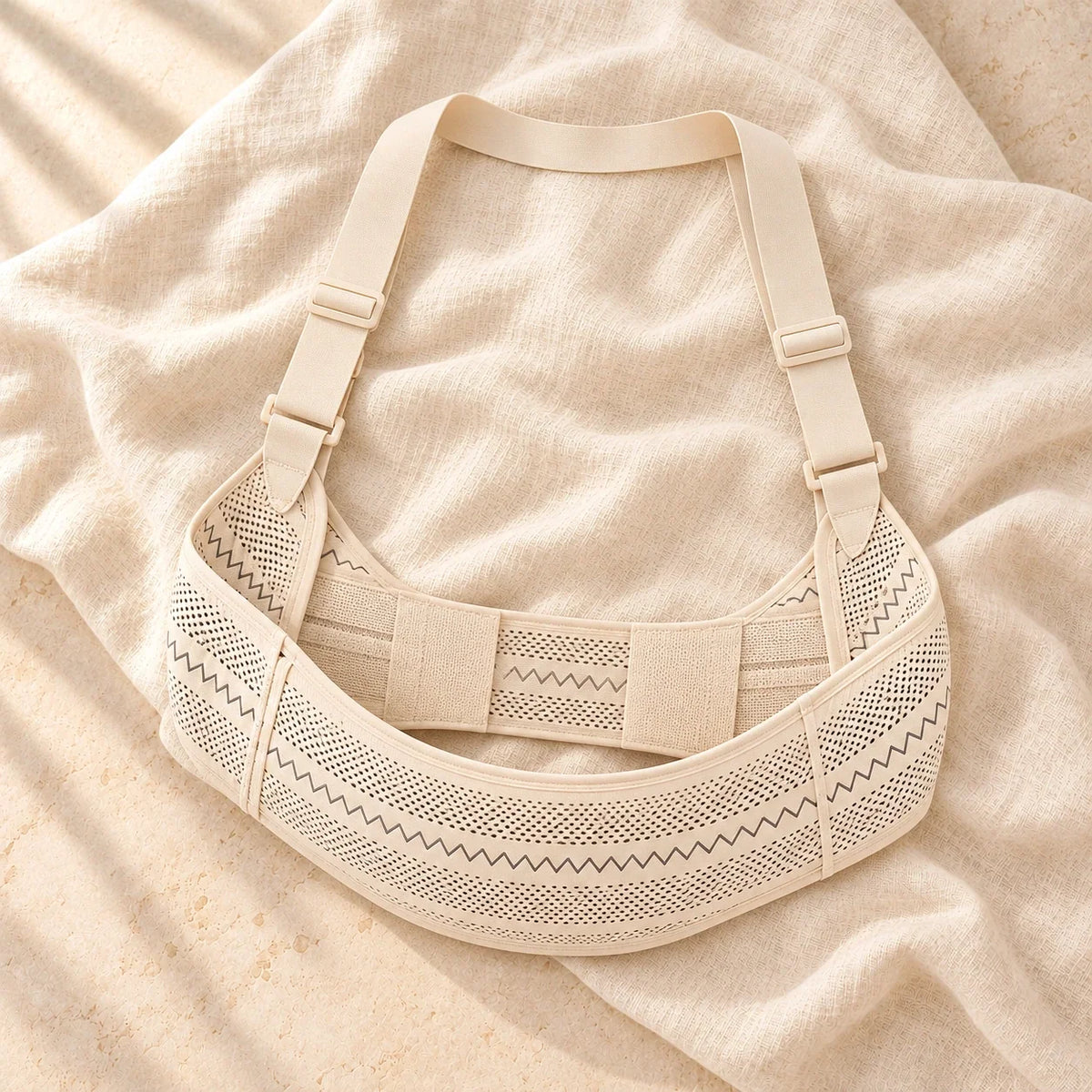 Breathable Adjustable Pregnancy Support Belt, Beige, product on cream linen