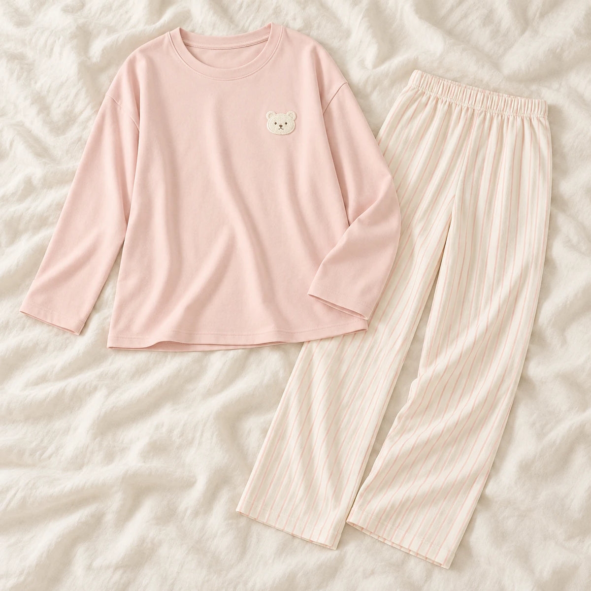 Long-Sleeve Nursing Pyjamas with Built-In Support — A02-24186 — product set on cream linen