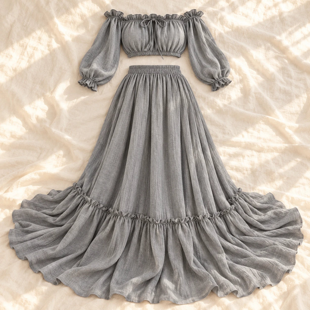 Tots & Moms bohemian maternity portrait outfit — GRAY — complete two-piece on cream linen