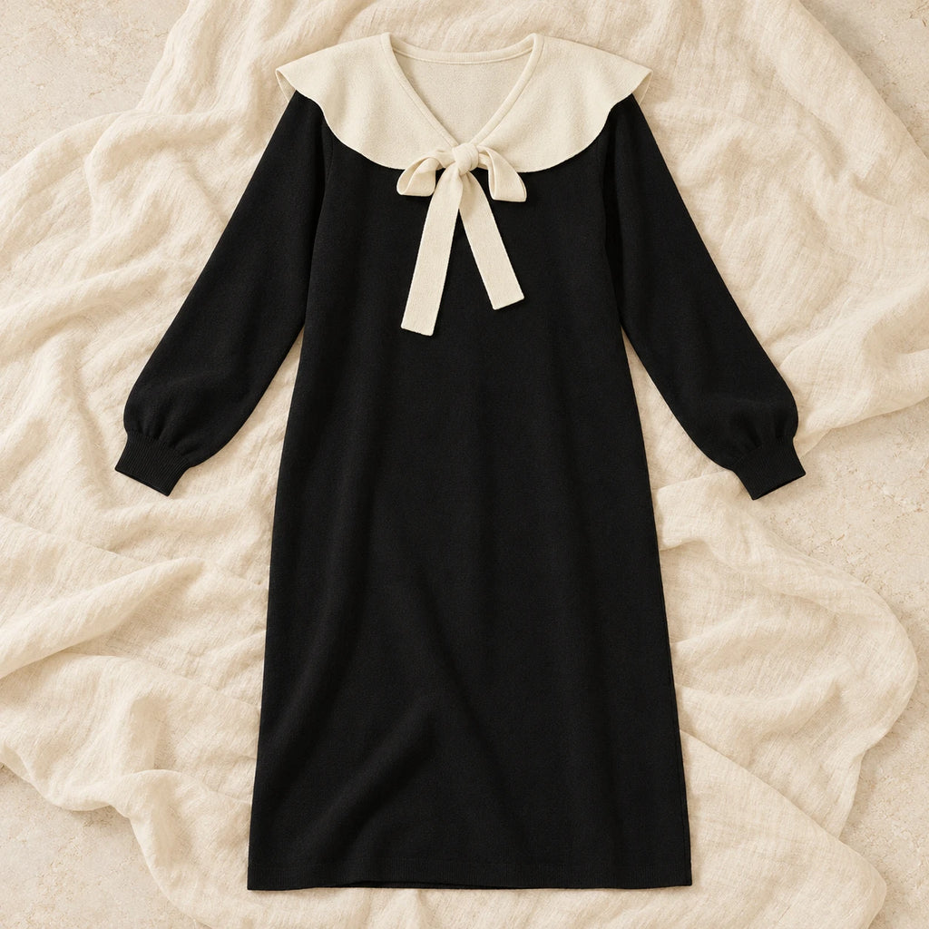Bow-Detail Long-Sleeve Maternity Knit Dress — Nursing — zip access, product on cream linen
