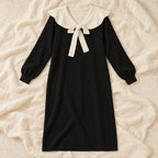 Bow-Detail Long-Sleeve Maternity Knit Dress — Nursing — zip access, product on cream linen