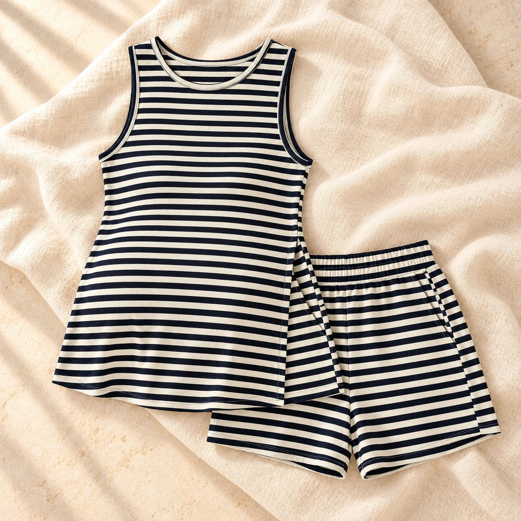 Striped Maternity Tank & Shorts Set, Black, on warm cream linen