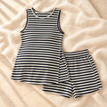 Striped Maternity Tank & Shorts Set, Black, on warm cream linen