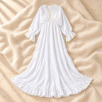 Bohemian V-Neck Lace Maternity Photoshoot Gown, WHITE, product on cream linen