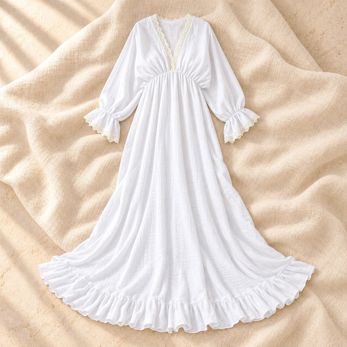 Bohemian V-Neck Lace Maternity Photoshoot Gown, WHITE, product on cream linen