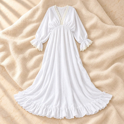 Bohemian V-Neck Lace Maternity Photoshoot Gown, WHITE, product on cream linen