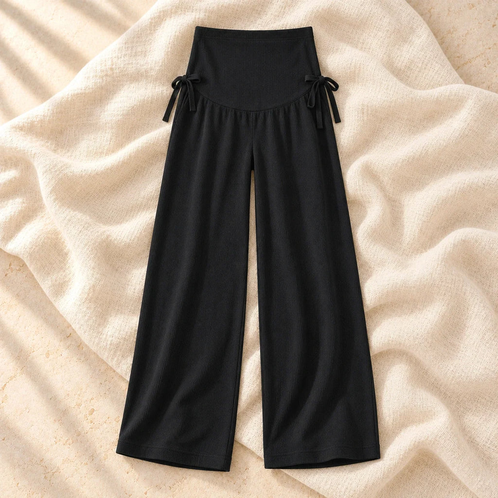Drawstring Wide-Leg Maternity Trousers, BLACK, product on cream linen