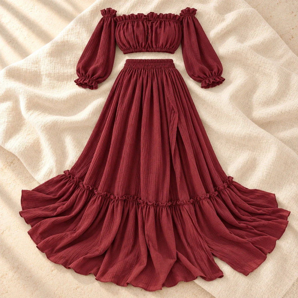 Bohemian Long-Sleeve Maternity Photoshoot Outfit, Wine red, product on cream linen