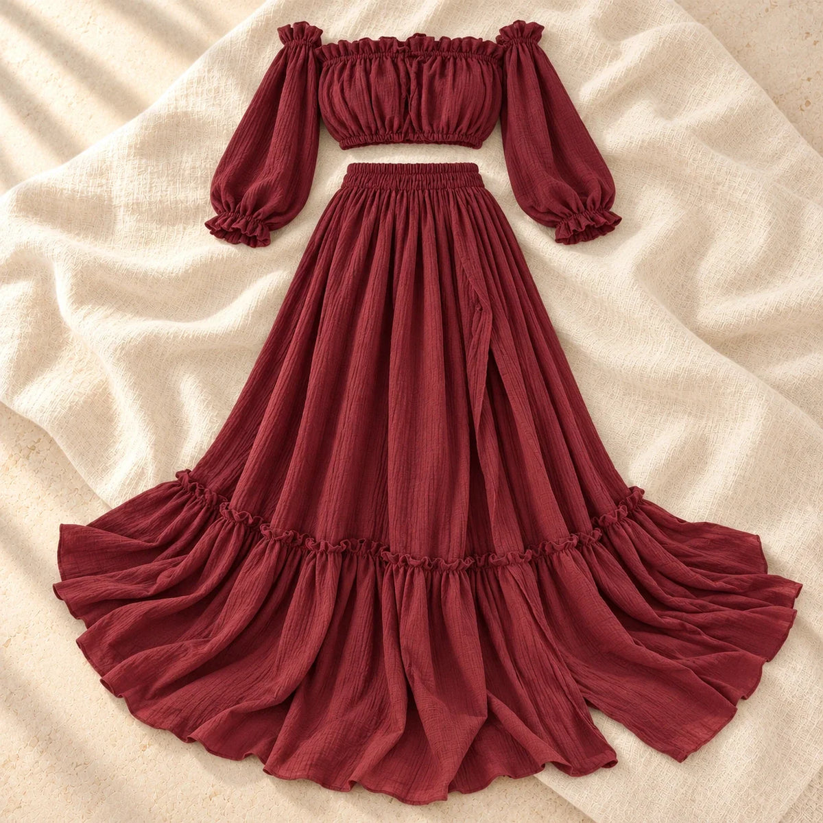 Bohemian Long-Sleeve Maternity Photoshoot Outfit, Wine red, product on cream linen
