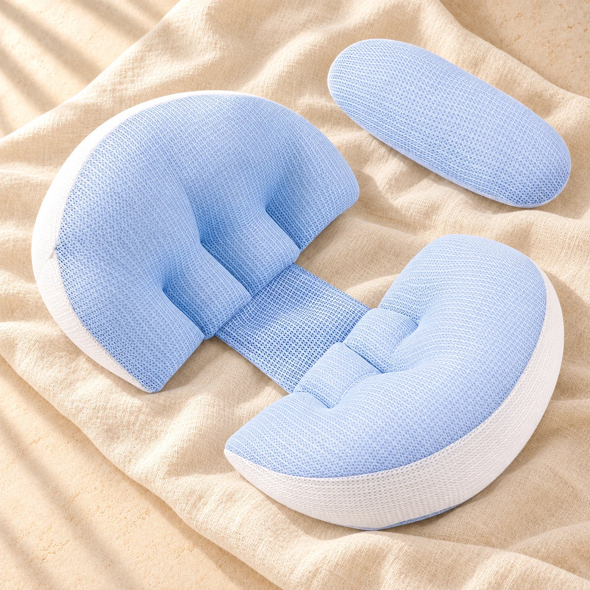U-Shaped Maternity Body Pillow, tsblue, complete product set on cream linen
