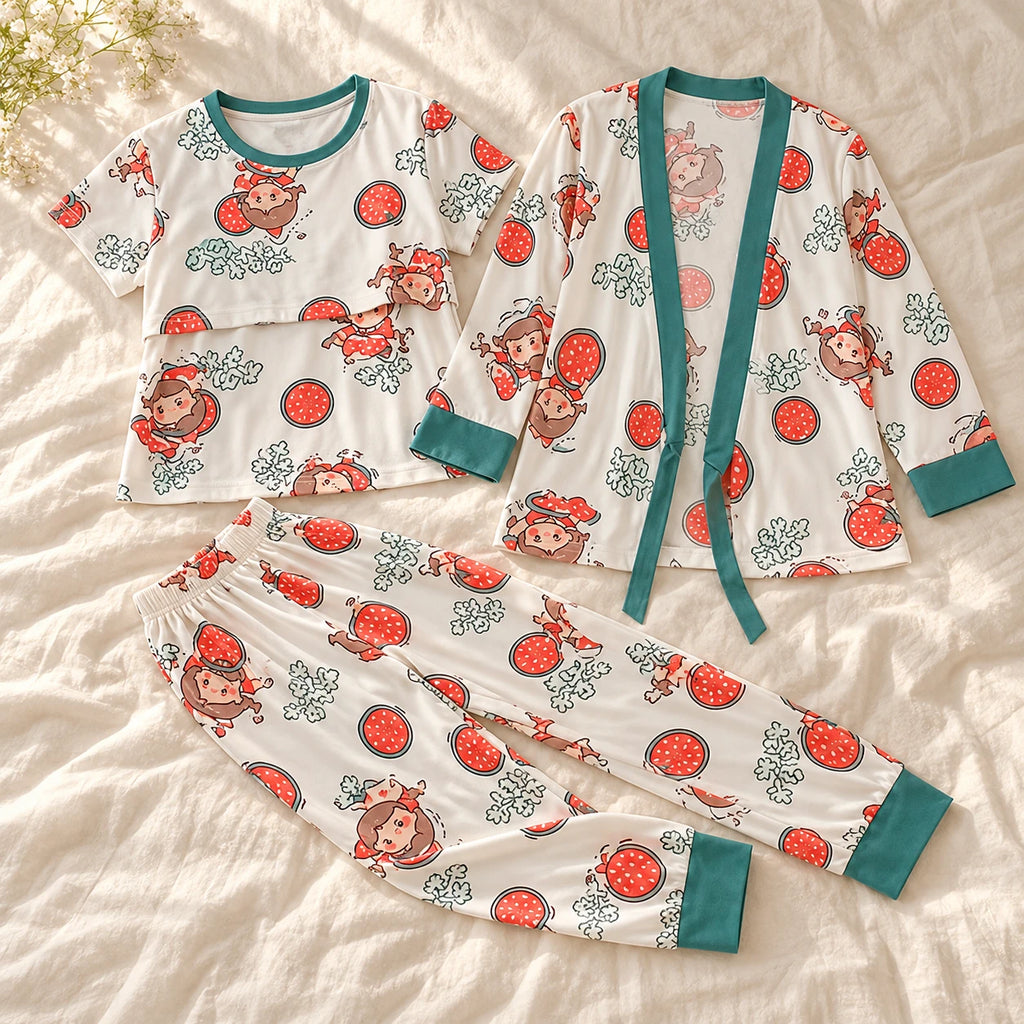 Tots & Moms three-piece nursing pyjama set — style Illustrated Print — Green Trim — complete set on cream linen