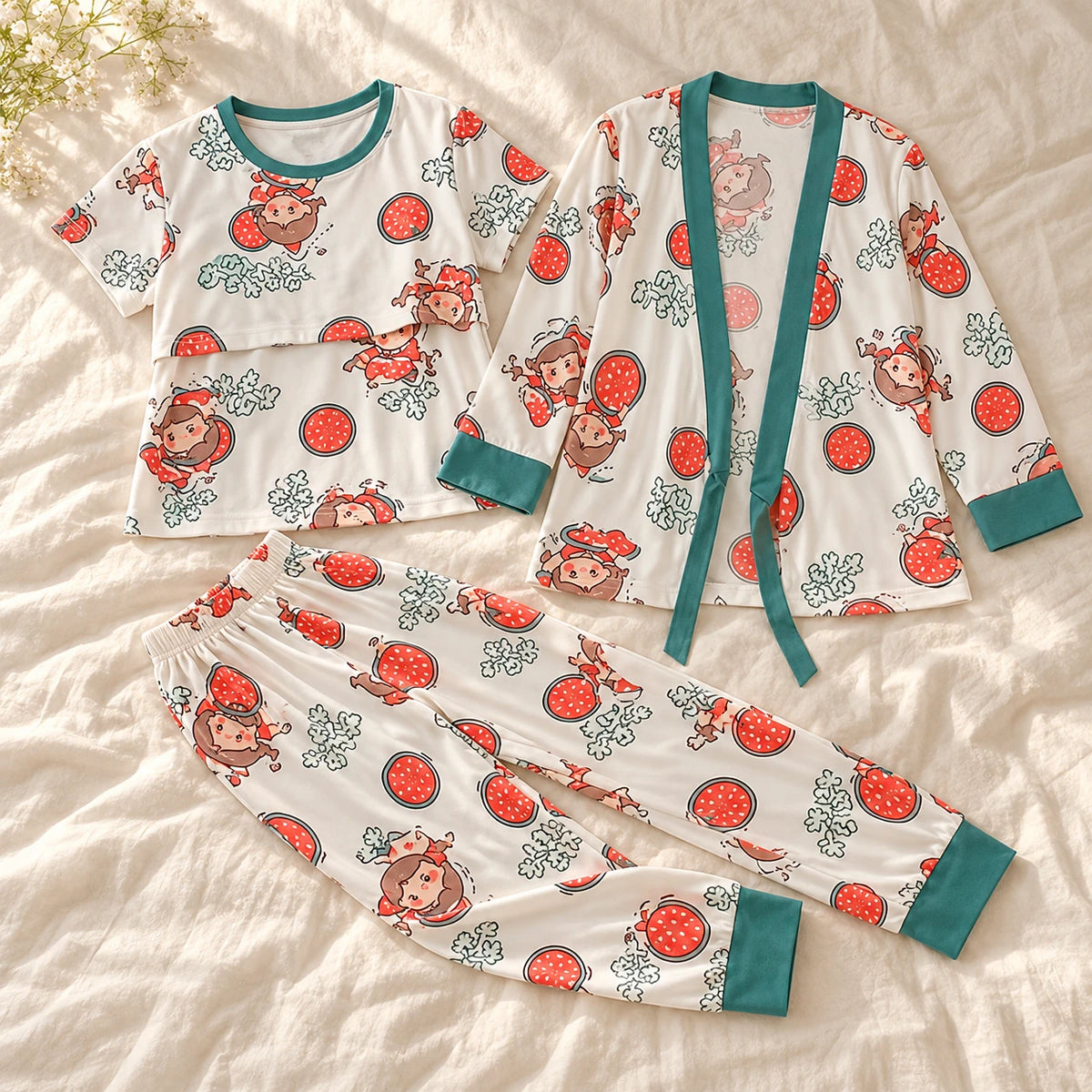 Tots & Moms three-piece nursing pyjama set — style Illustrated Print — Green Trim — complete set on cream linen