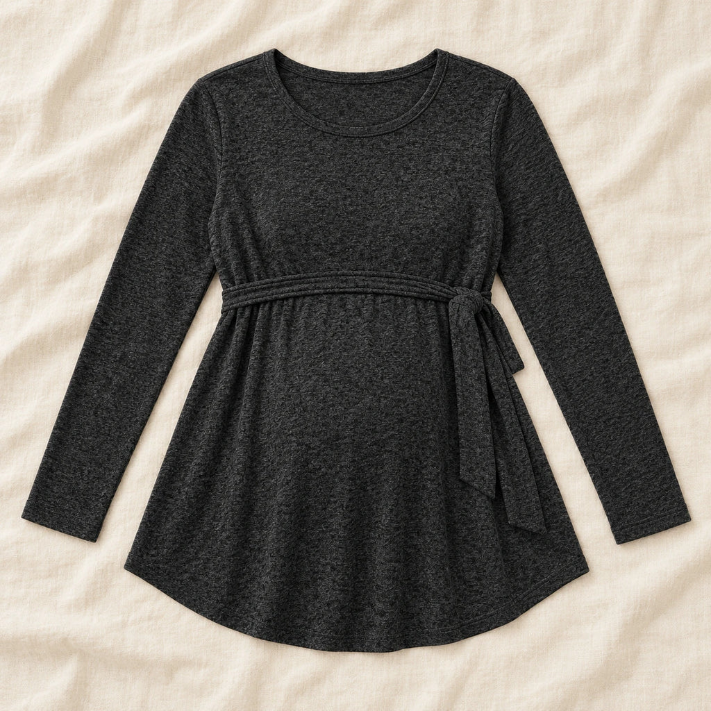Tie-Waist Long-Sleeve Maternity Tunic — Black — product detail